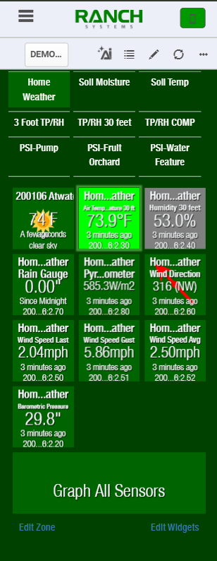 myRanch dashboard sensor widgets — home weather, soil moisture, and irrigation zone tiles