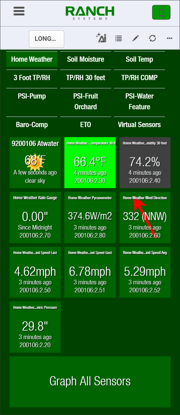myRanch dashboard sensor widgets — home weather, soil moisture, and irrigation zone tiles