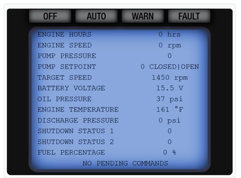 myRanch Pump Control Widget showing engine hours, pump pressure, battery voltage, and shutdown status